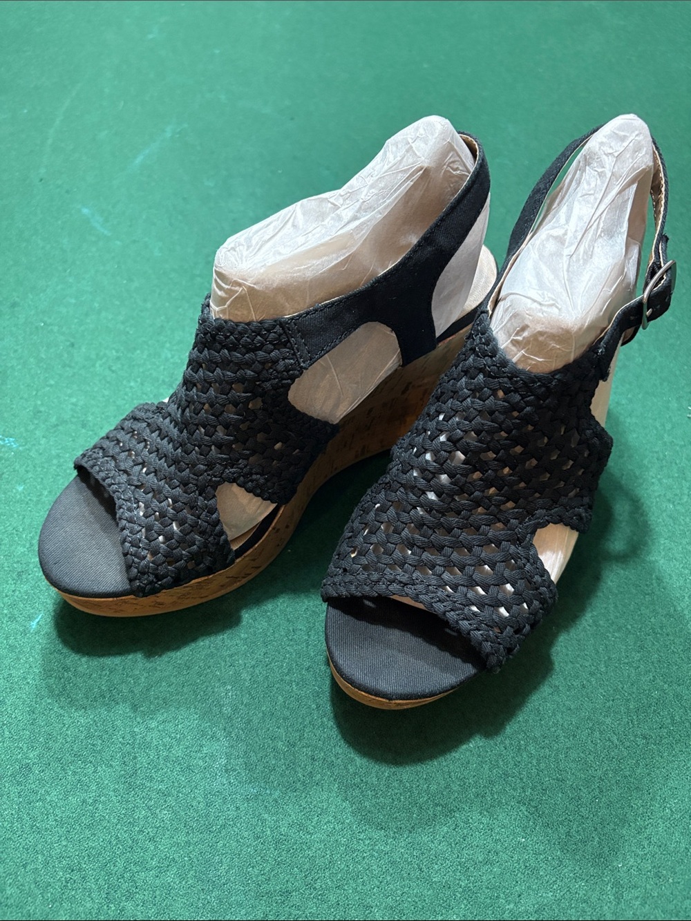 SO Black Woven Slingback Wedge Sandals with Buckle